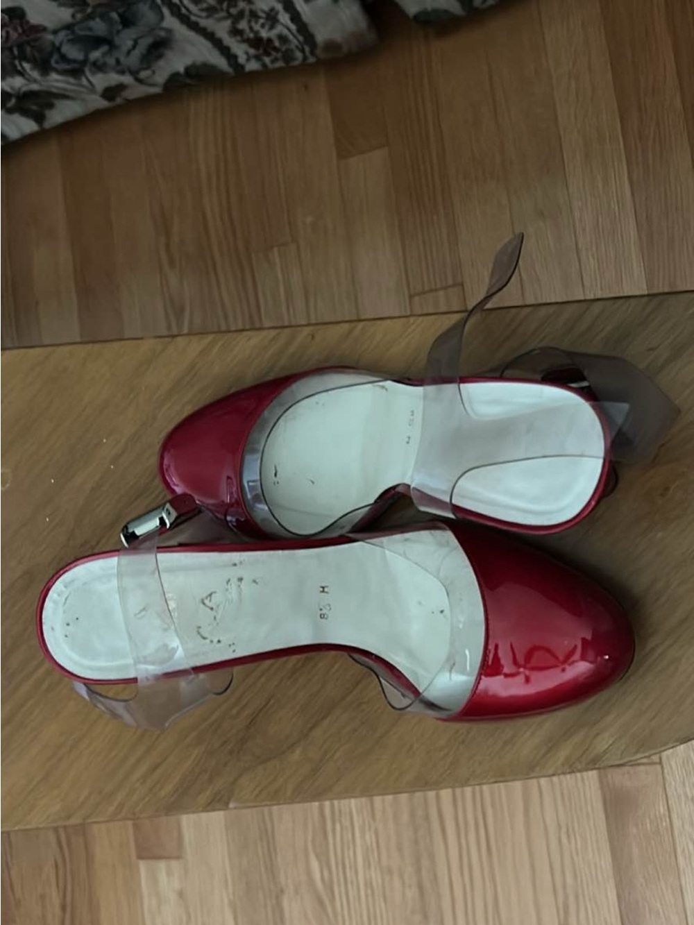 Stuart Weitzman Red Patent Wedge Slingbacks with Clear Straps
